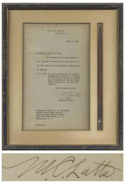 Franklin D. Roosevelt Pen Used as President to Sign a Bill Regarding Veterans' Pensions